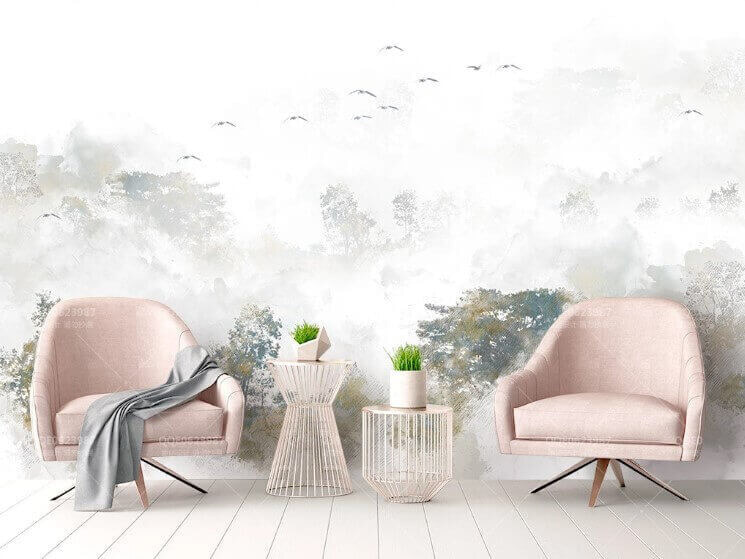 Birds above faded treetops — interior 1