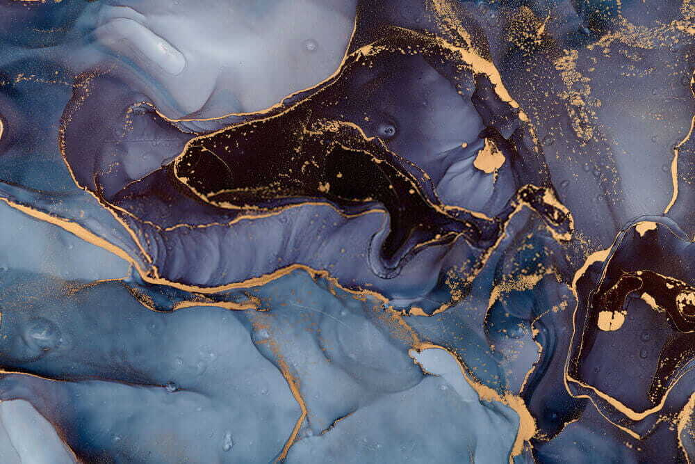 Blue shapes, gold lines — full design