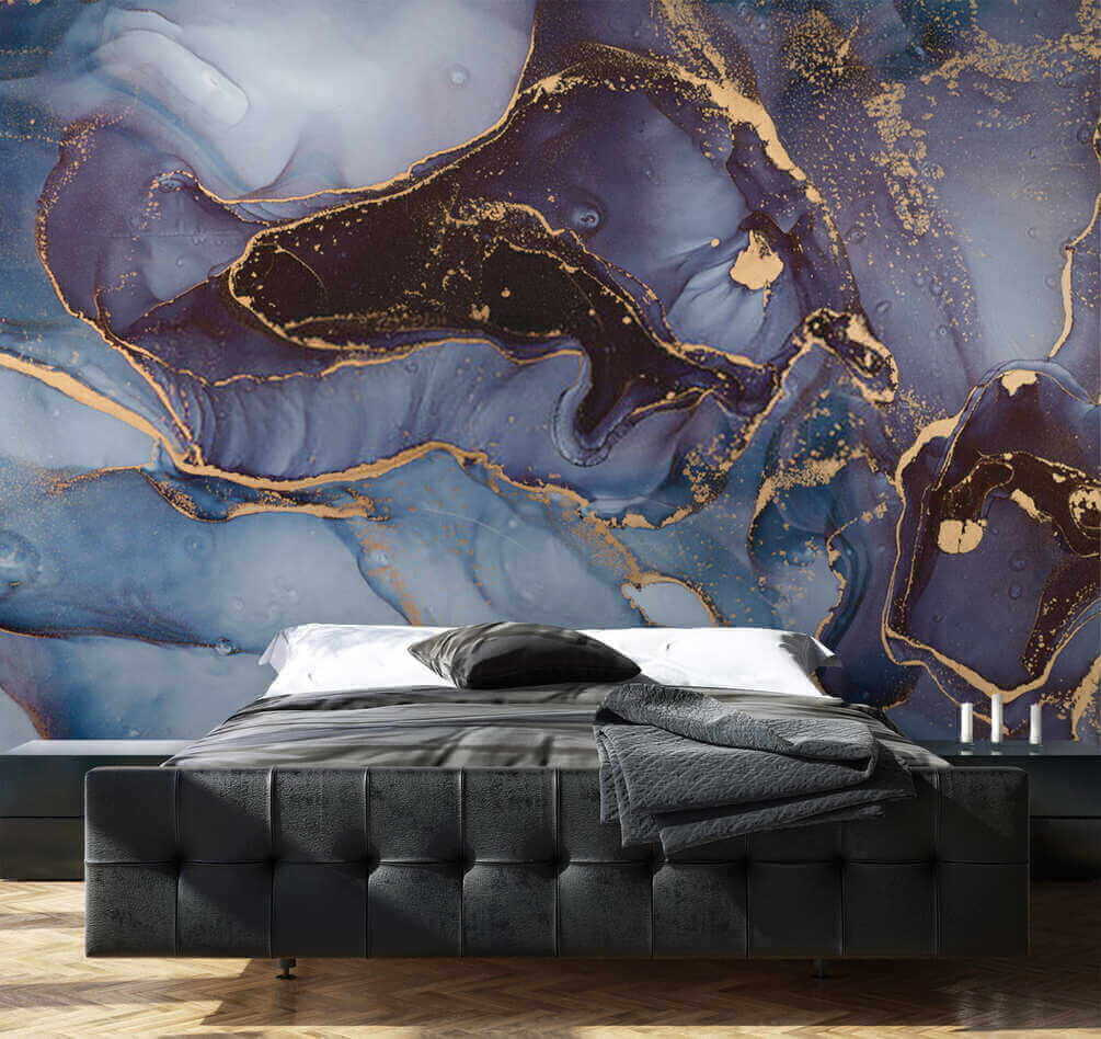 Blue shapes, gold lines — interior 3