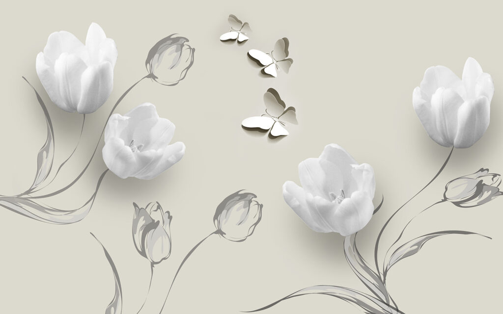 White tulips with butterflies — full design