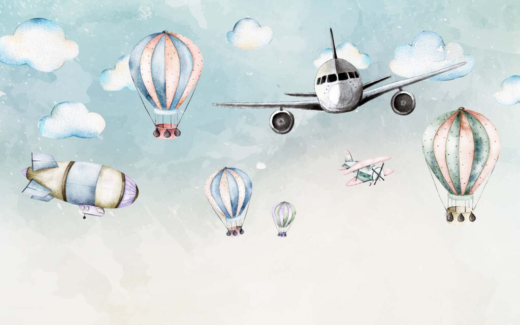 Plane among pastel balloons — full design