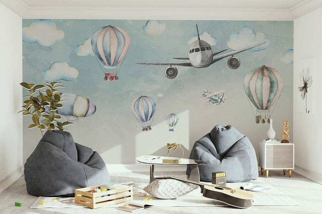 Plane among pastel balloons — interior 3
