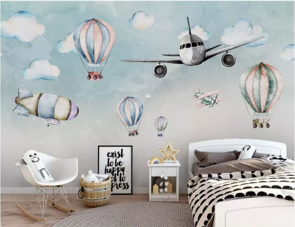 Plane among pastel balloons — interior 1