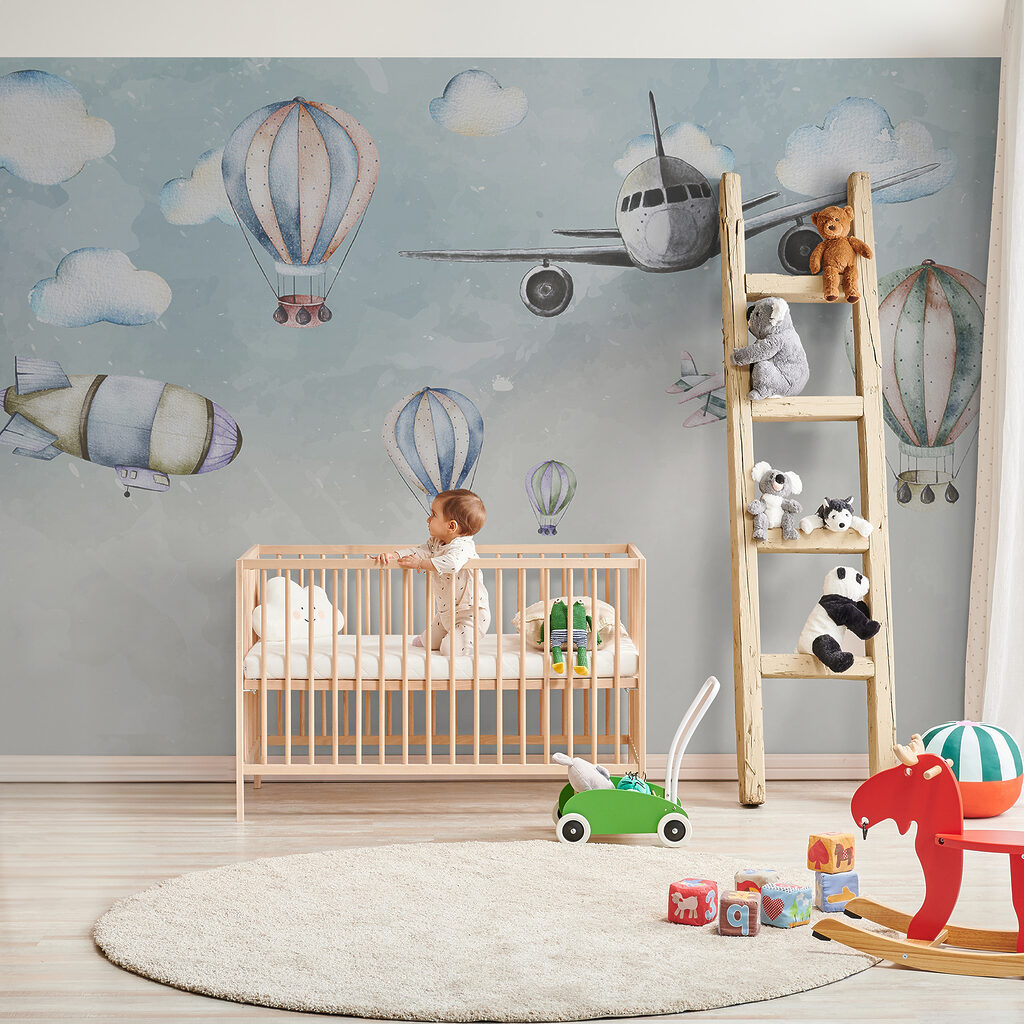 Plane among pastel balloons — interior 2