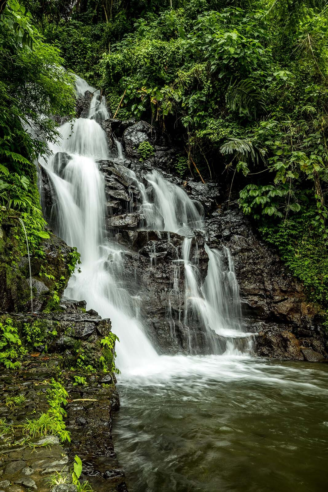 Waterfall above still pool — full design