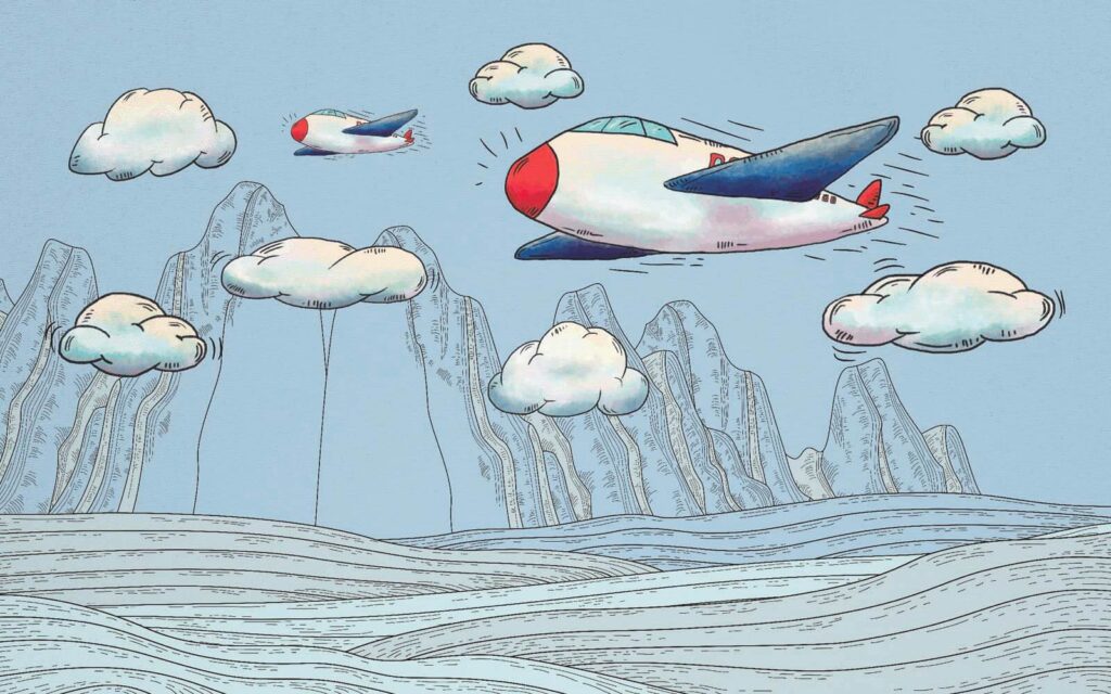 Drawn planes above mountains — full design