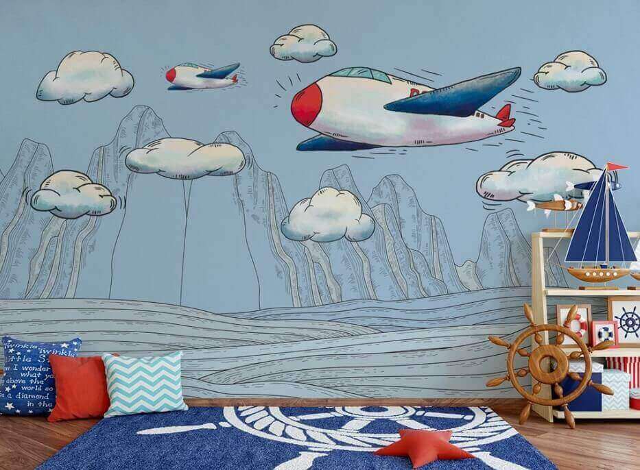 Drawn planes above mountains — interior 1
