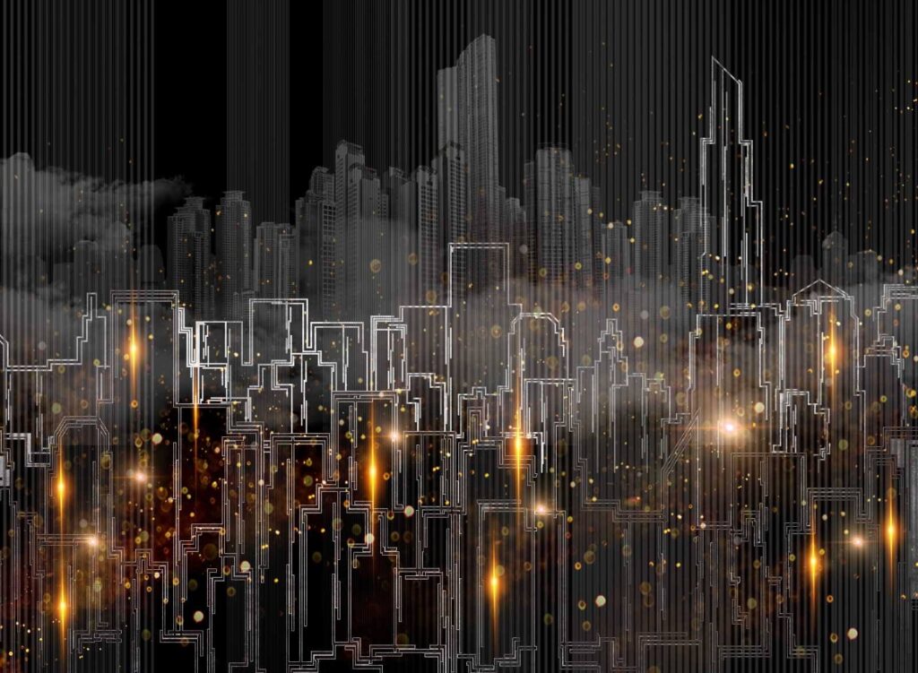 Night city in lines — full design