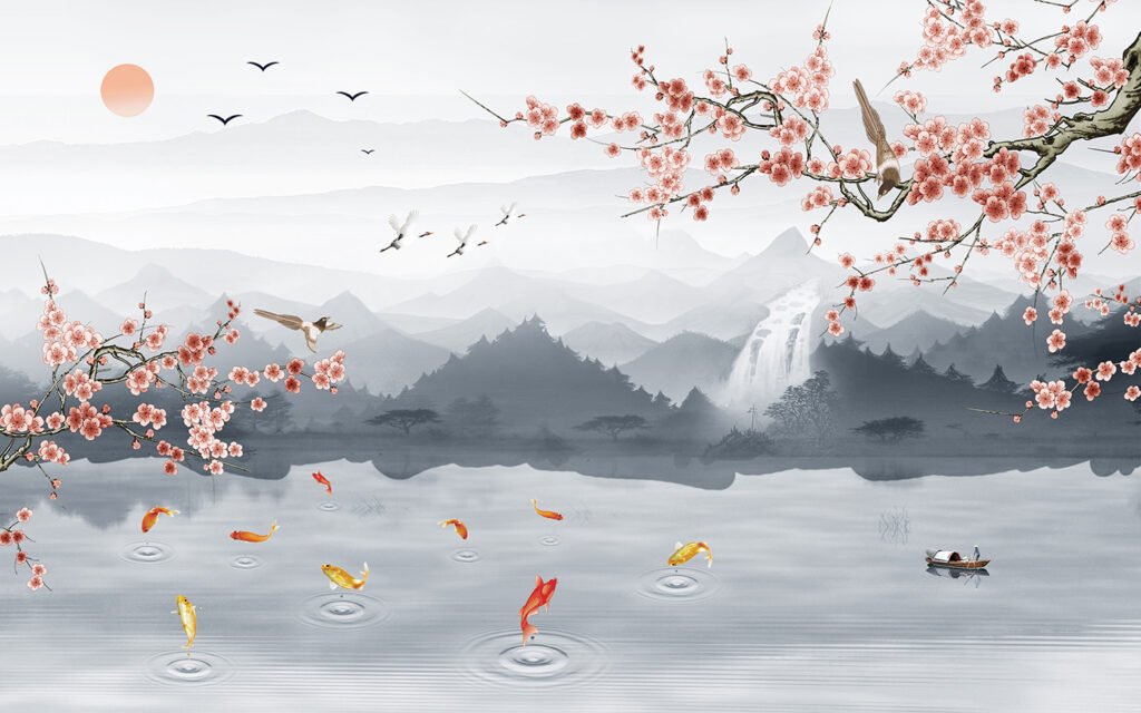 Koi under blossoming mountains — full design