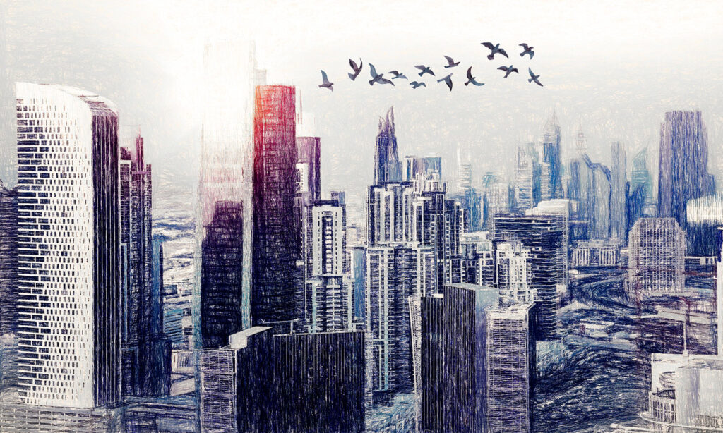 Birds above skyscrapers — full design