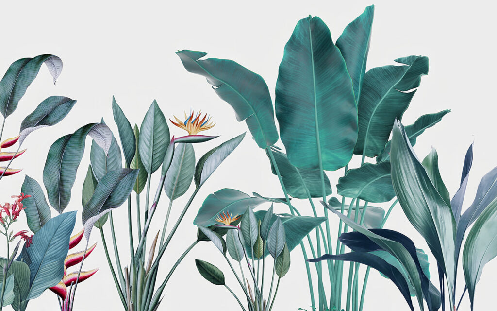 Tropical leaves on white — full design