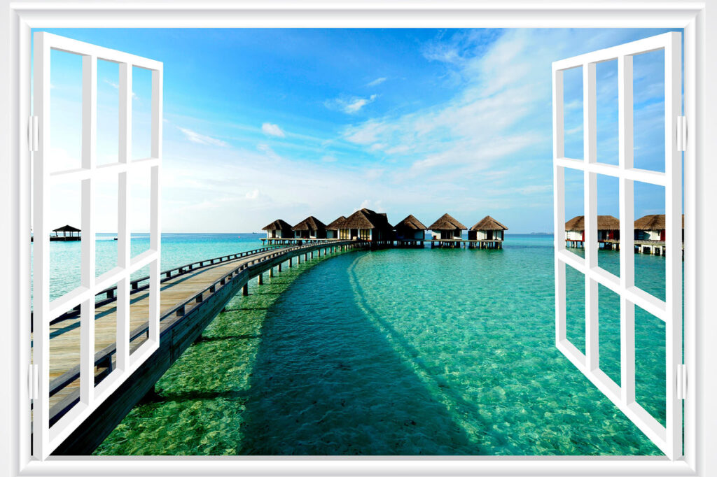 Window onto beach huts — full design