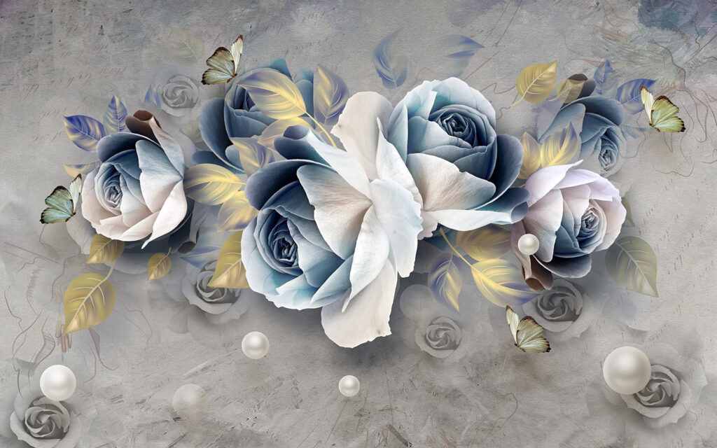 Blue-grey roses with butterflies — full design