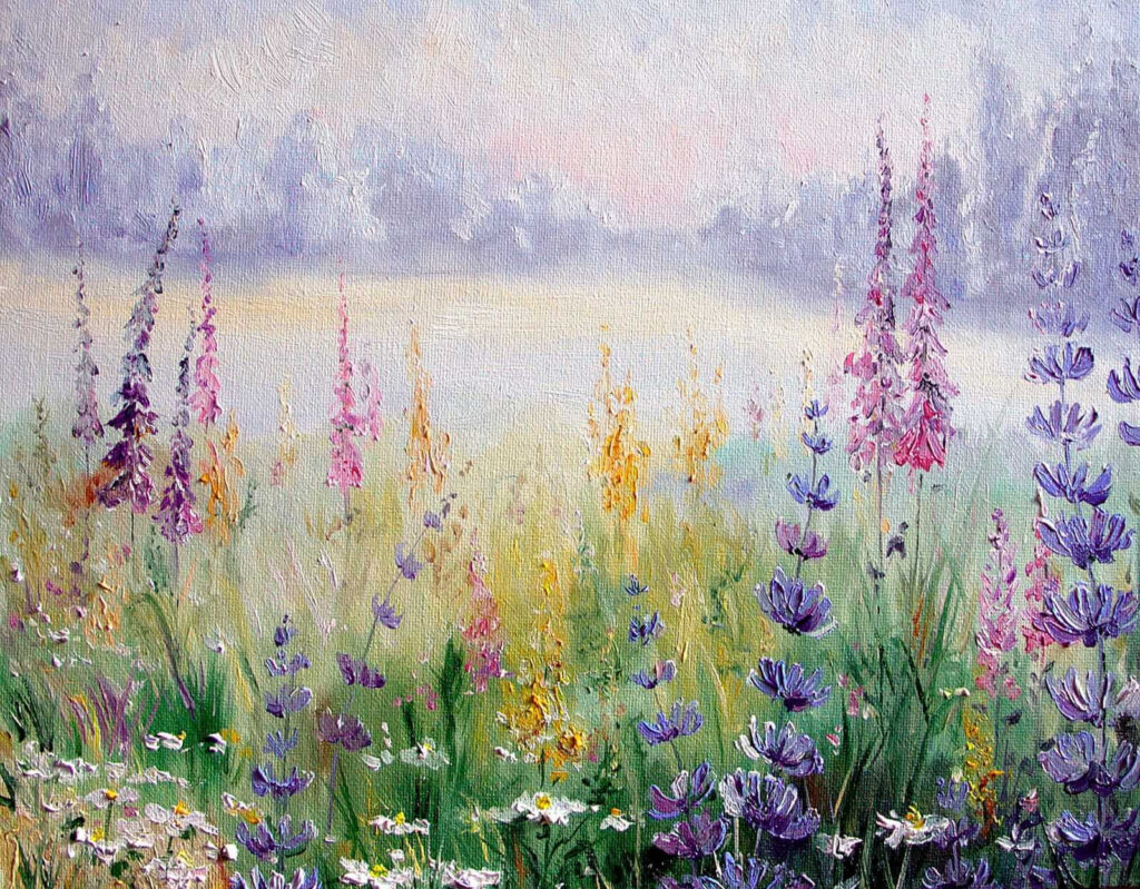 Wildflowers by a lake — full design