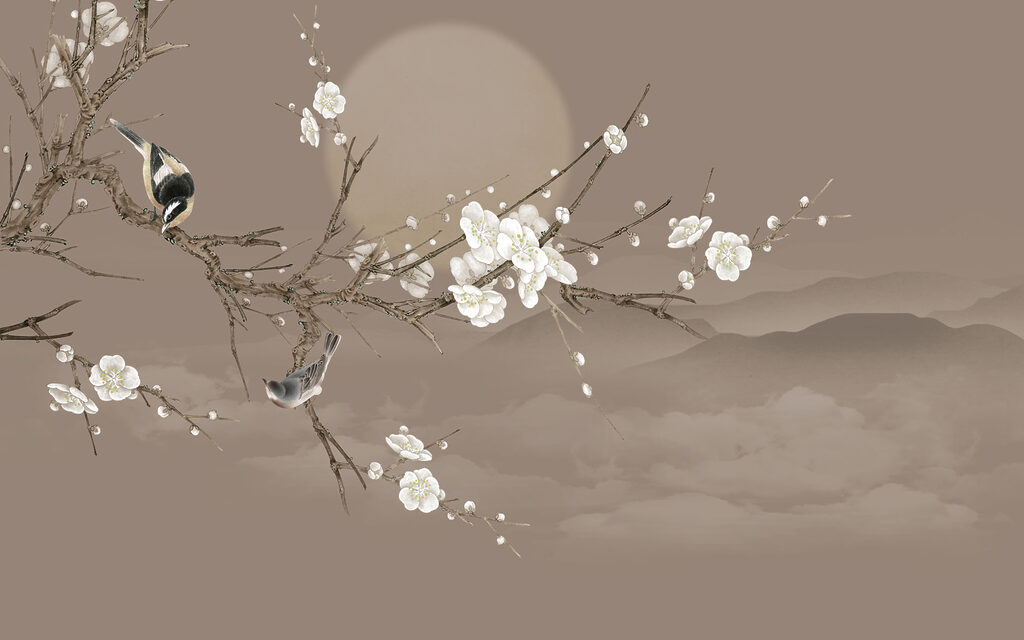 Two songbirds, pale moon — full design