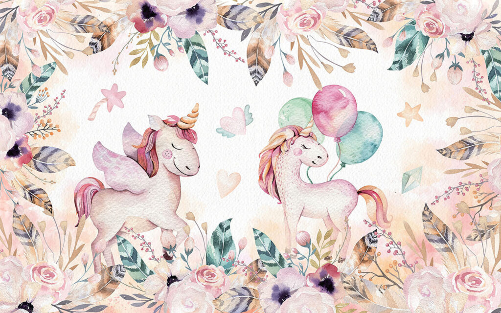 Unicorns among balloons — full design
