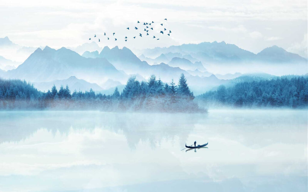 Boat on mountain water — full design