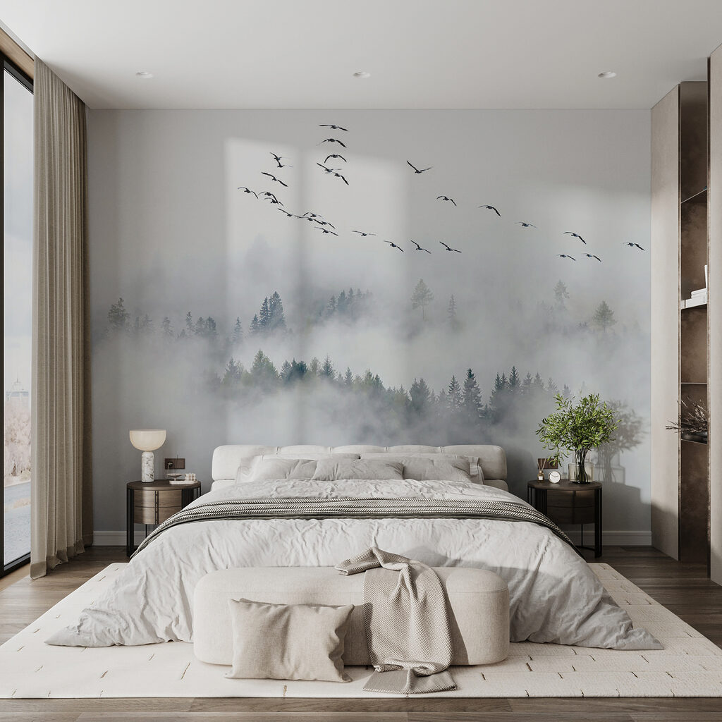 Conifers in white fog — interior 8