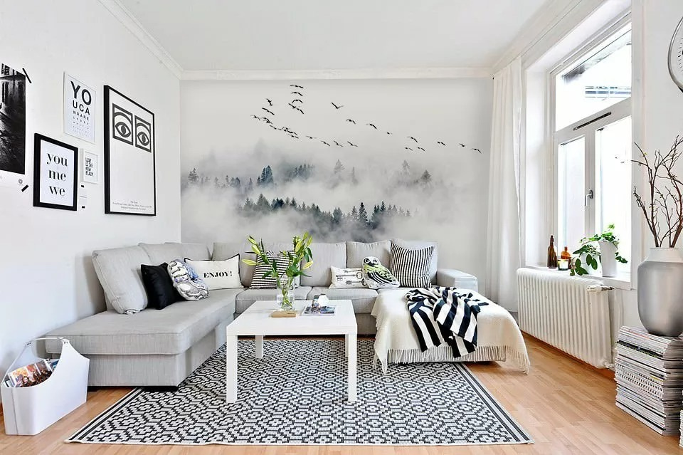 Conifers in white fog — interior 1