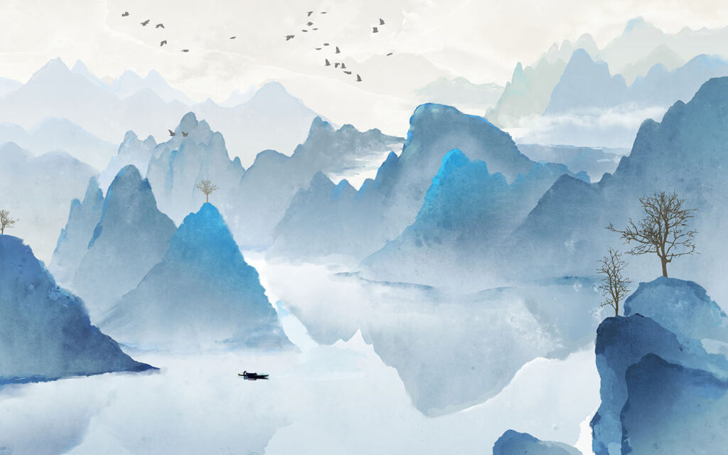 Blue peaks over water — full design