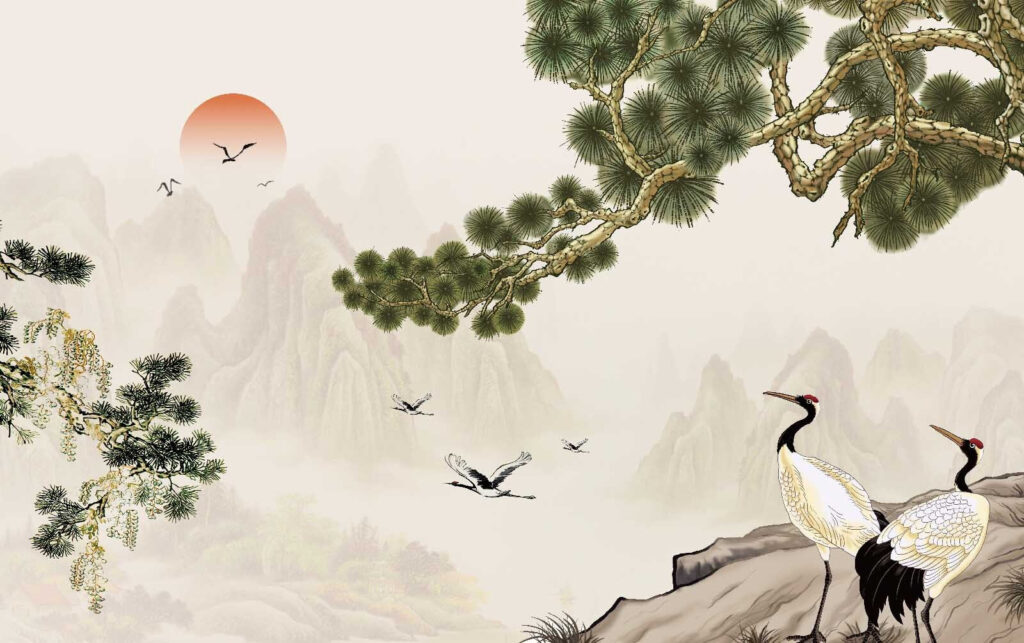 Cranes under pine branch — full design