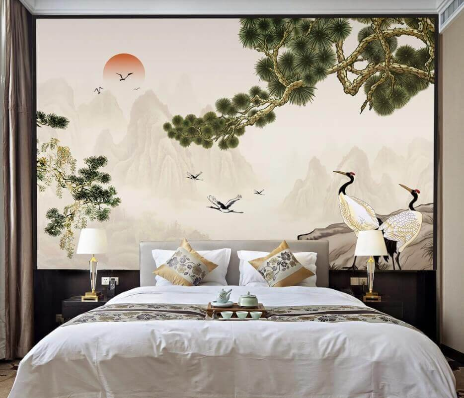 Cranes under pine branch — interior 1
