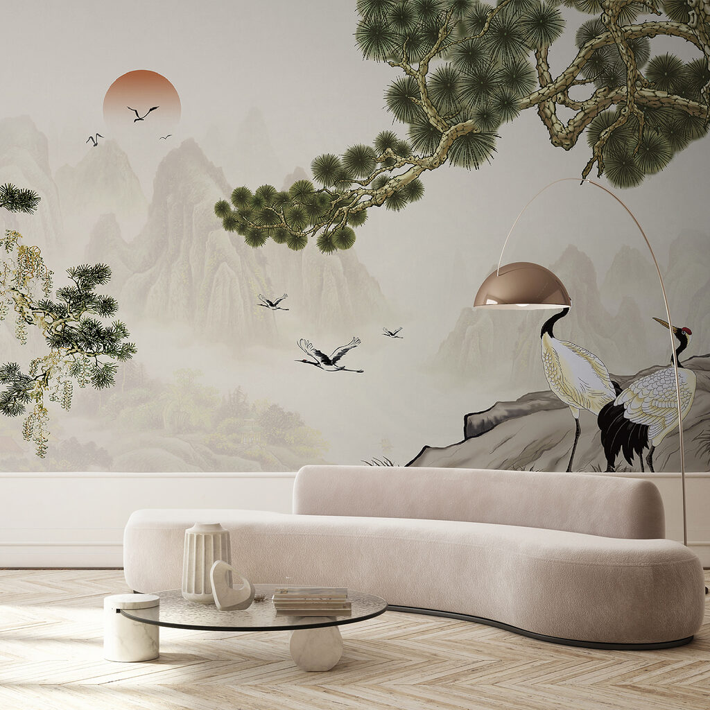 Cranes under pine branch — interior 3