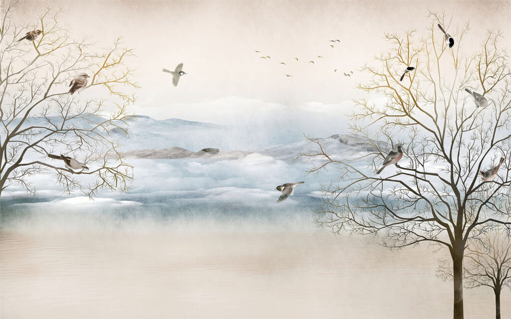 Birds among bare branches — full design
