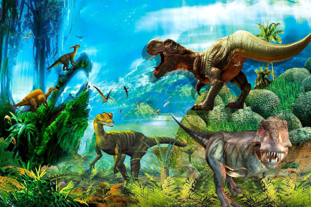 Dinosaurs in blue jungle — full design
