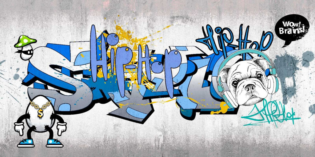 Letters among cartoon figures — full design