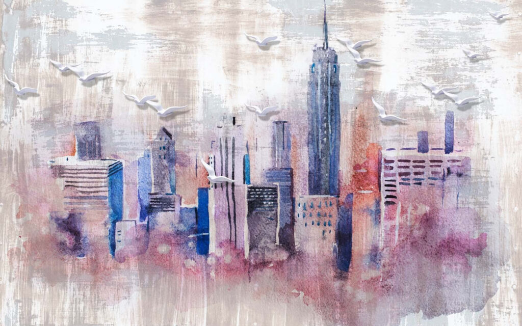 Purple watercolour skyscrapers — full design