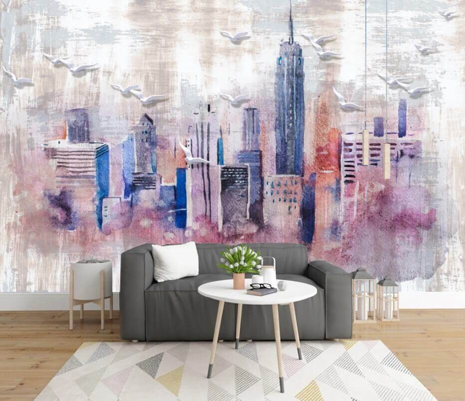 Purple watercolour skyscrapers — interior 1