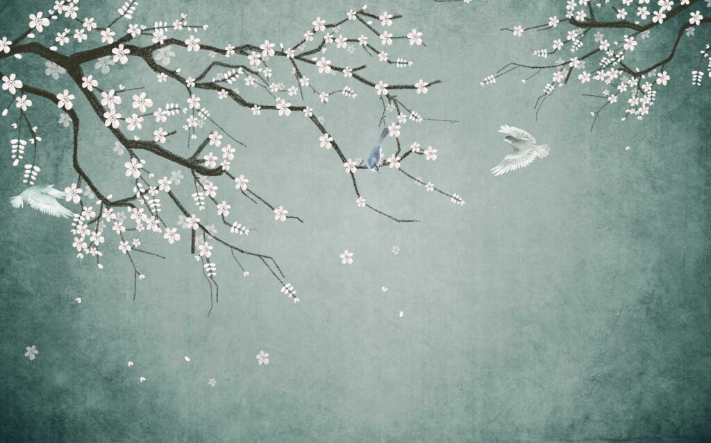 White blossom on grey-green — full design