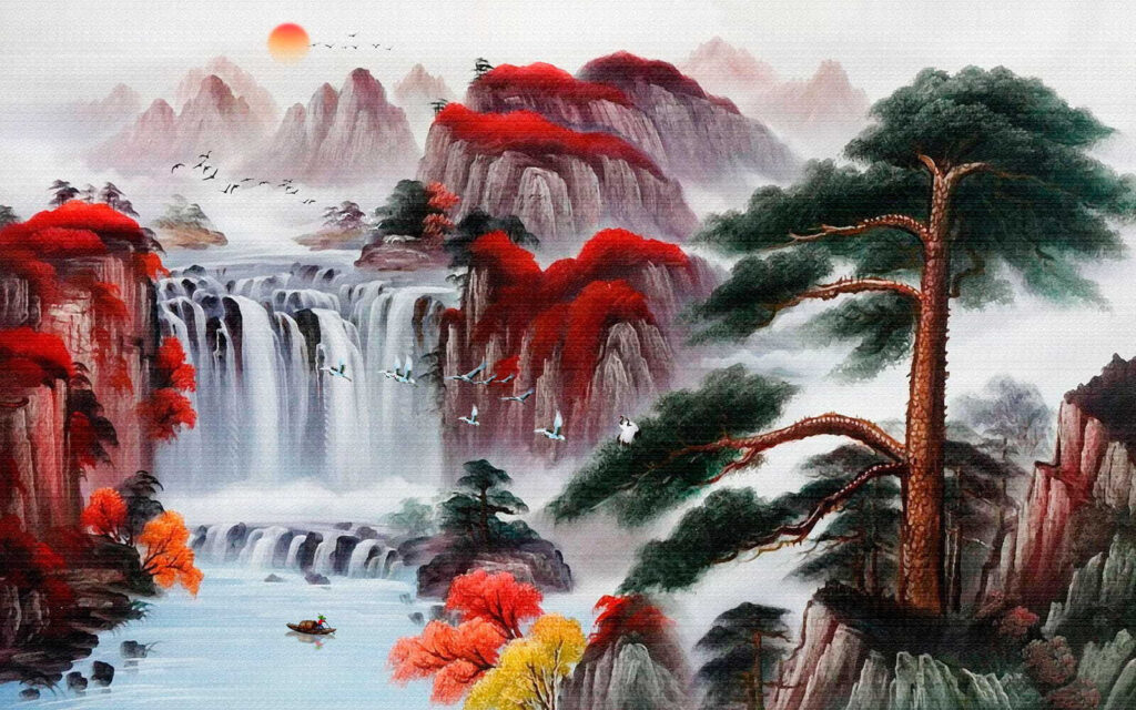 Waterfall between red rocks — full design