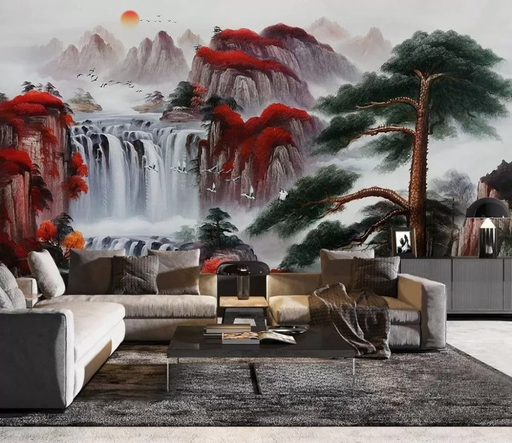Waterfall between red rocks — interior 1