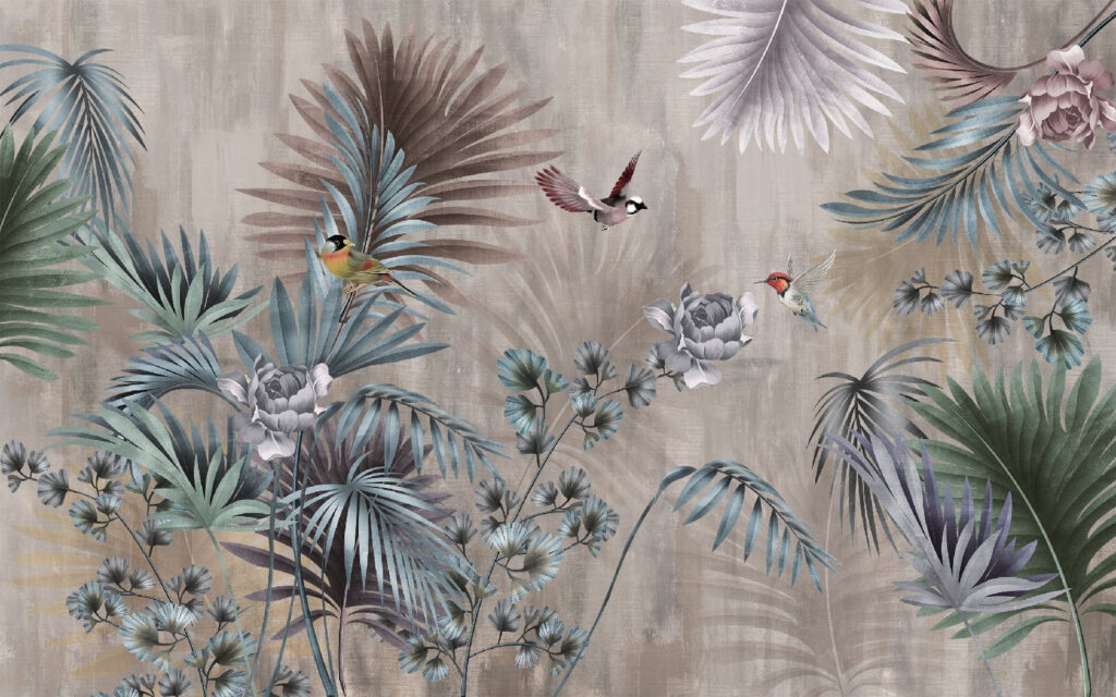 Birds among grey-blue fronds — full design