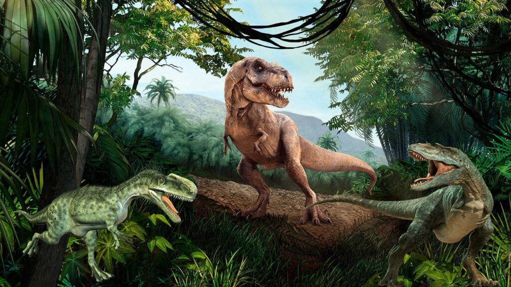 Dinosaurs on forest rock — full design