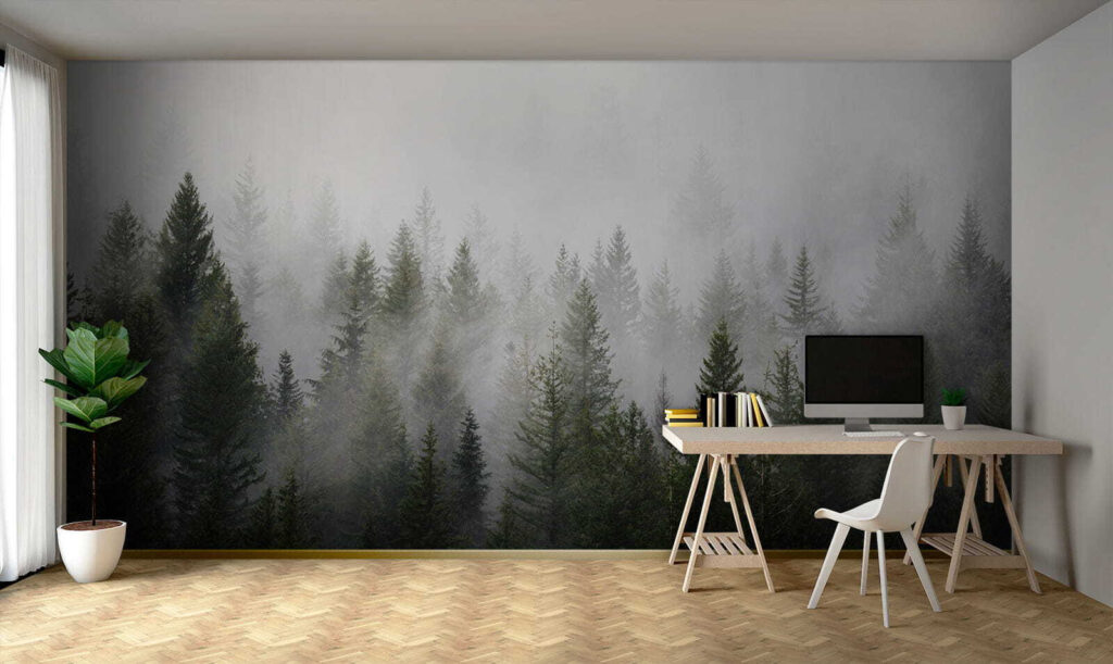 Pines fading into mist — interior 9