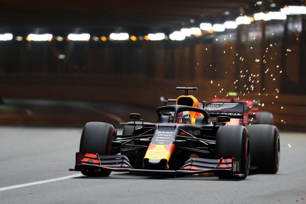 Race car through sparks — full design