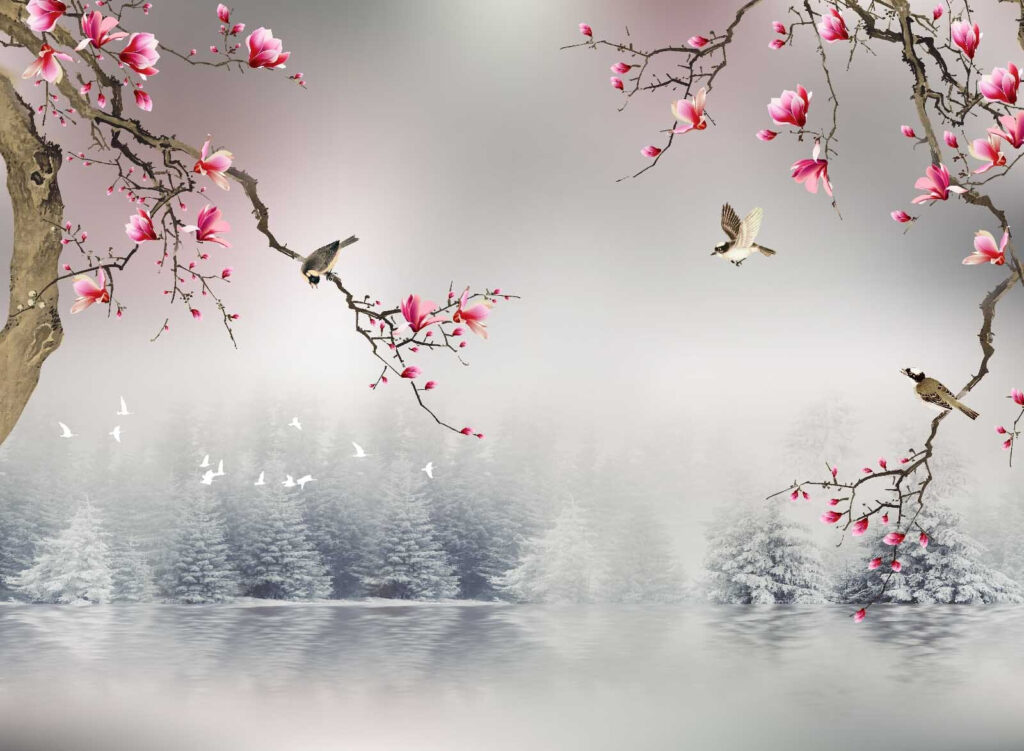 Winter lake under blossom — full design