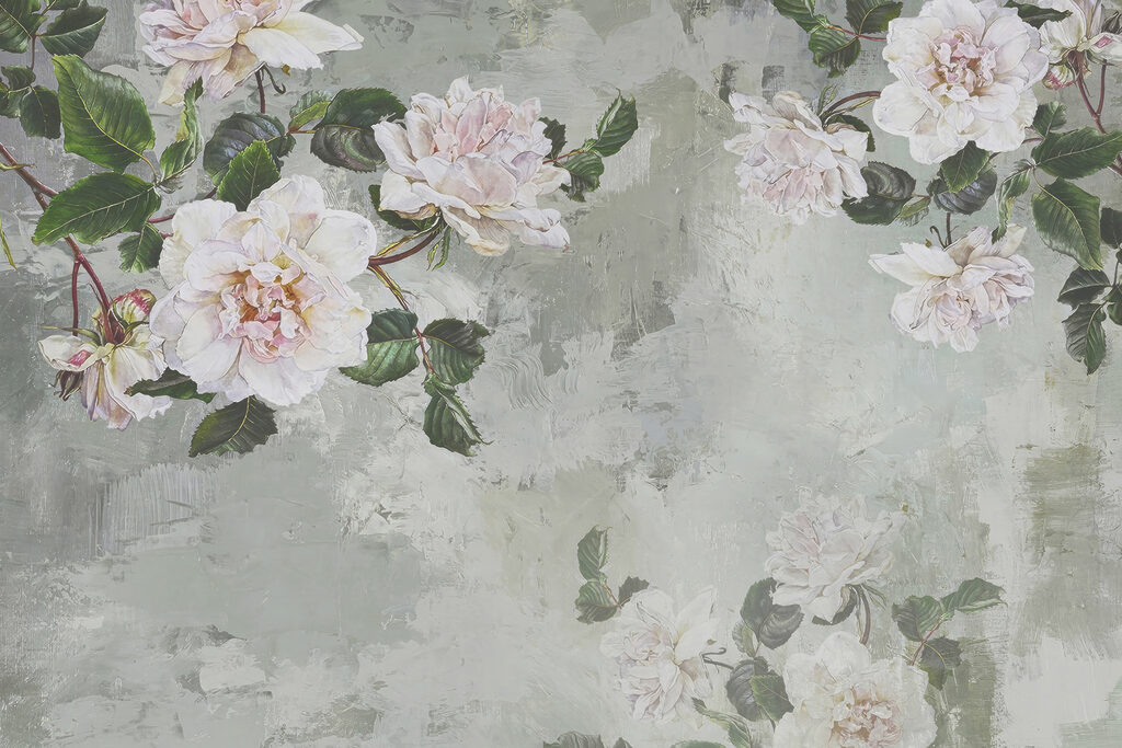 White peonies on grey-green — full design