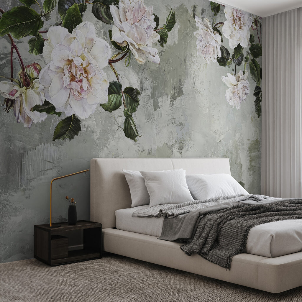 White peonies on grey-green — interior 11