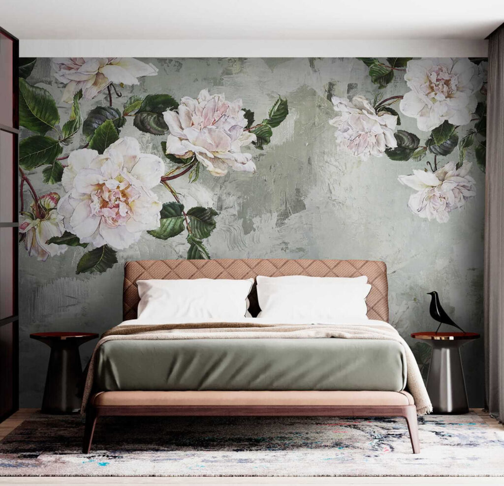 White peonies on grey-green — interior 5