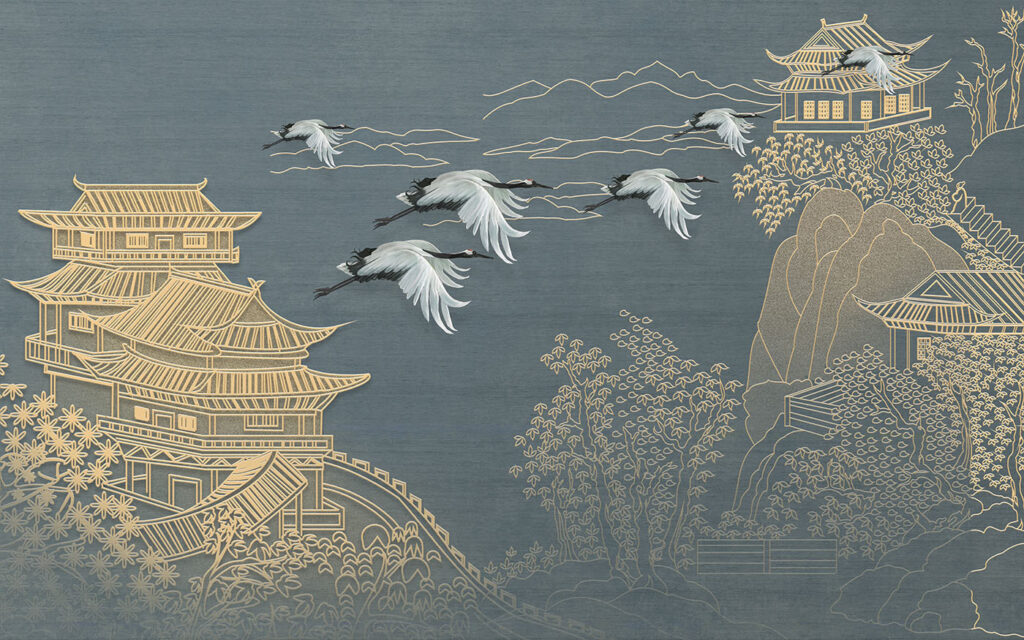 Cranes among golden pagodas — full design