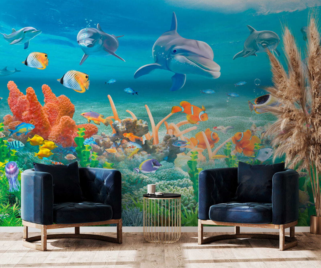 Dolphins above coral — interior 2
