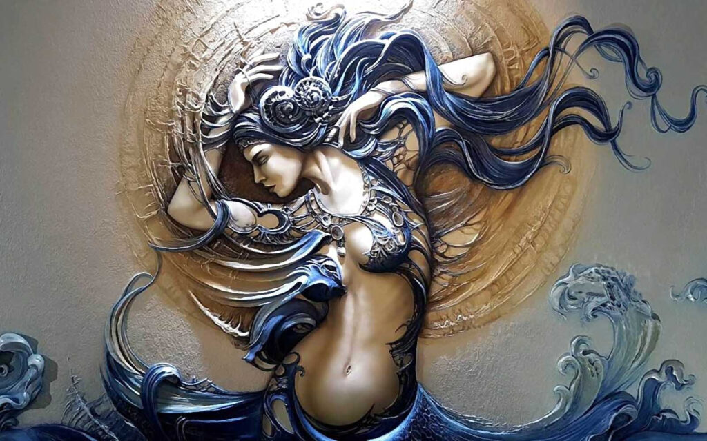 Woman with wavy curls — full design