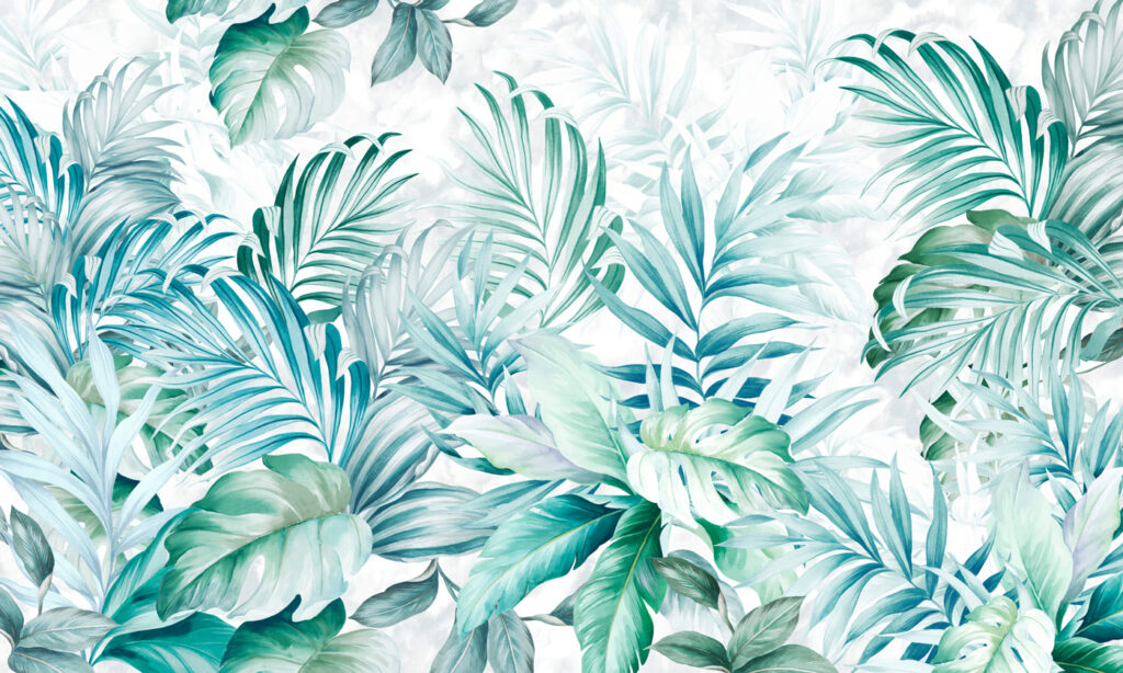 Turquoise leaves on white — full design