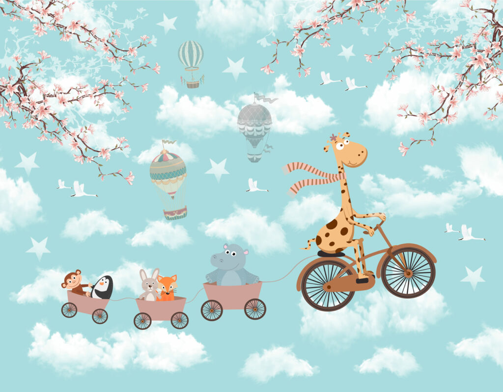 Giraffe cycling above clouds — full design