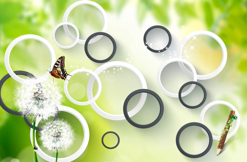 Circles among white plumes — full design