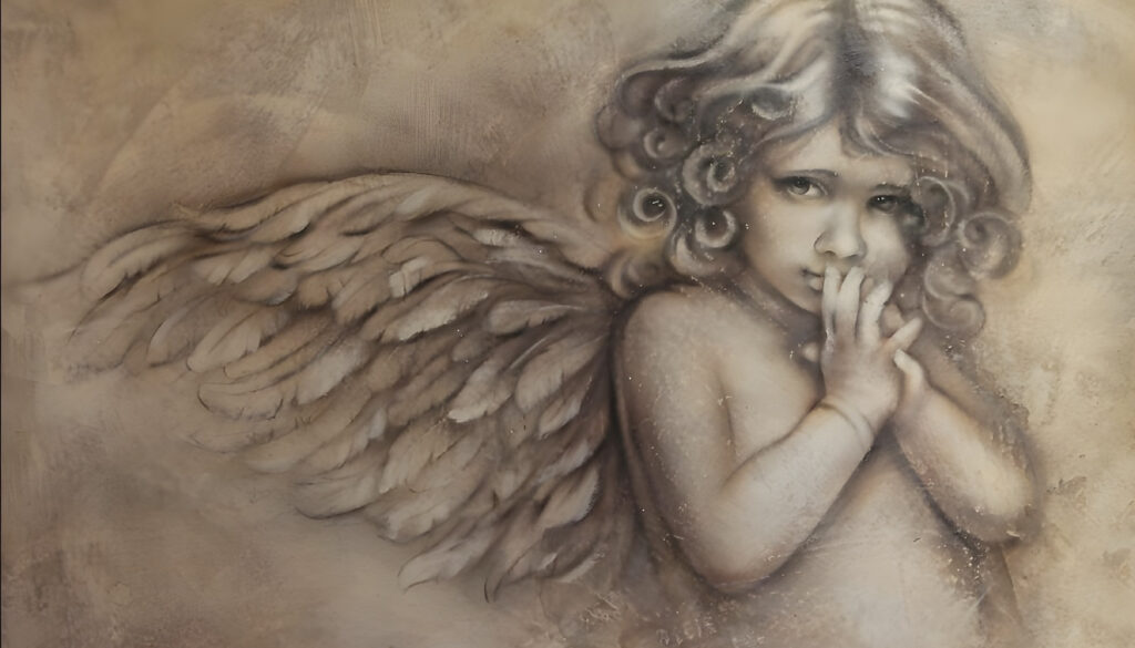 Angel in charcoal drawing — full design
